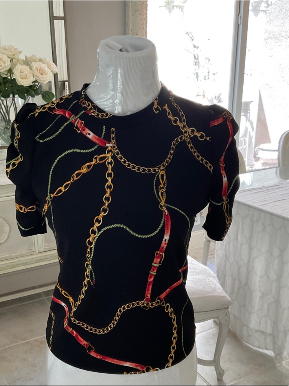 Haute Monde Black Top with Gold Chain and Red Strap Print
